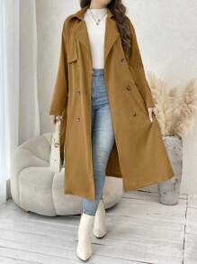 Calvaya 大碼西裝領雙排釦腰帶風衣外套 - 棕色 - 查看 4