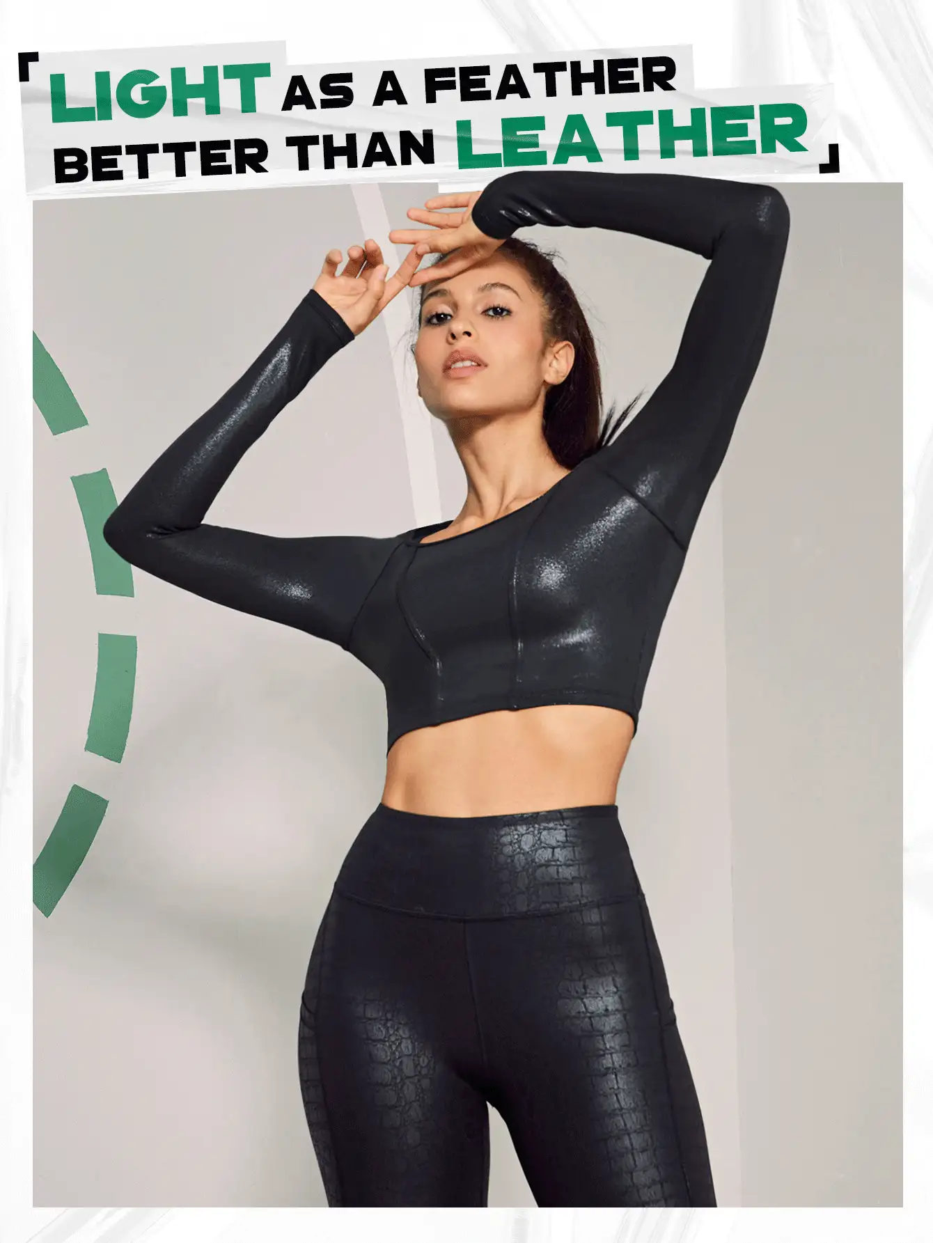 GLOWMODE Foiled Leather Effect Scoop Neck Long Sleeve Crop Active Top - Black - View 8