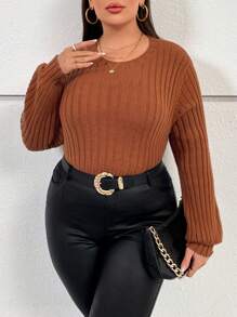 SHEIN Essnce Talla grande Camiseta unicolor tejido de canalé - Camel - Ver 2