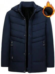 Manfinity Homme Áo khoác nam dáng rộng có mũ trùm đầu, lót nhiệt, đệm, áo khoác bong bóng khi đi chơi, áo khoác mùa đông màu xanh đậm, quà tặng cho bạn bè, chồng, bạn trai - Màu xanh hải quân - Xem 1