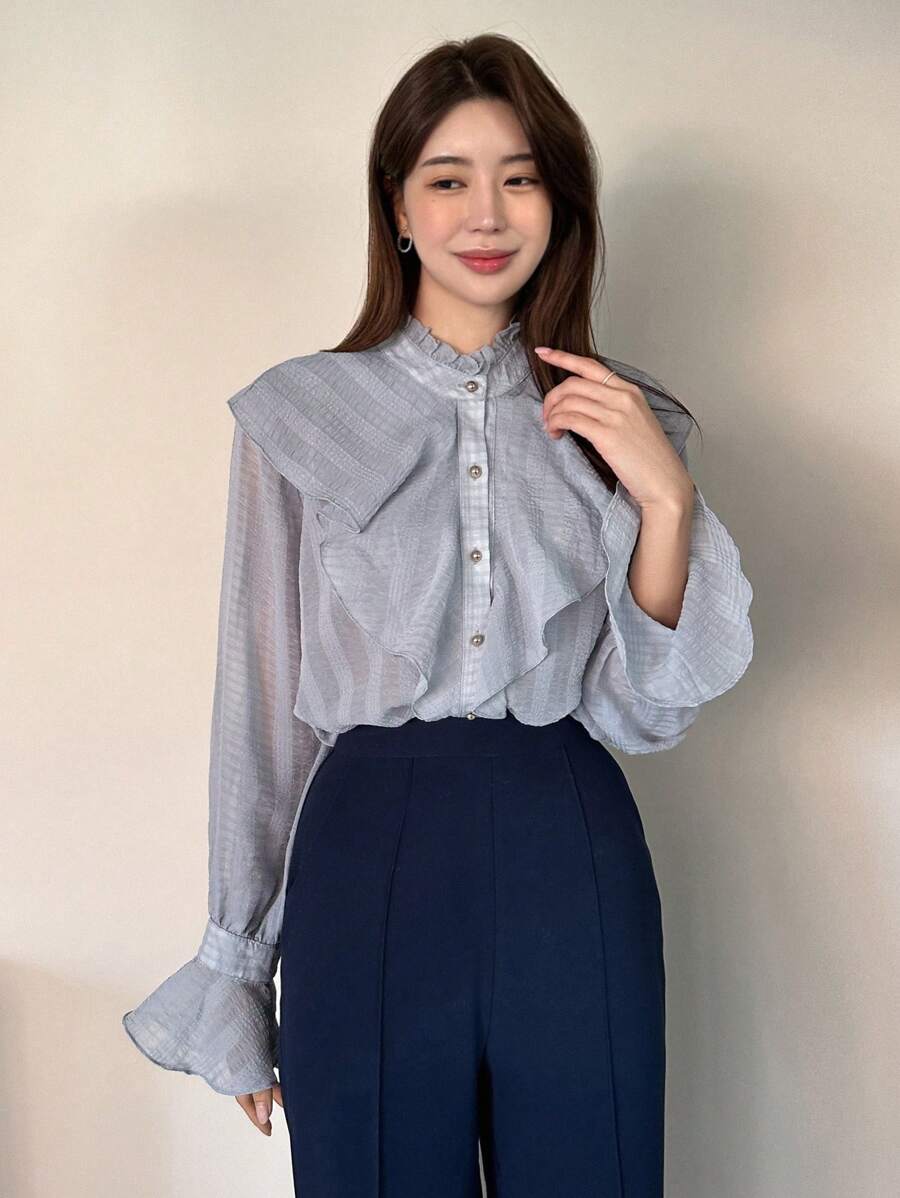 DAZY 素色荷葉邊荷葉袖前紐扣襯衫 - 藍色 - 查看 1