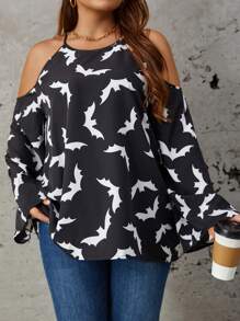 SHEIN LUNE Hơn Halloween In dơi Vai lạnh Áo sơ mi - Đen và trắng - Xem 3