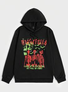 ROMWE MEN Street Life Men Slogan & Skeleton Graphic Drawstring Hoodie - Black - View 1