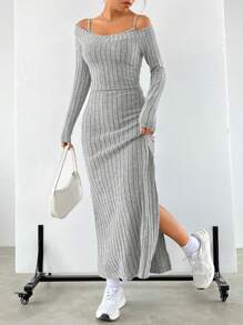 SHEIN EZwear Camiseta unicolor & de muslo con abertura Vestido de tirantes - Gris - Ver 5