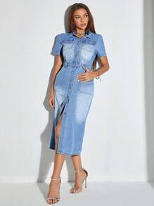 SHEIN BAE Button Front Denim Dress - Light Wash - View 1