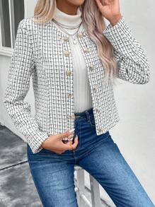 SHEIN LUNE Plaid Pattern Button Front Tweed Overcoat - Grey - View 1