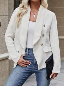 SHEIN Clasi 青果領雙排釦翻蓋細節花呢外套 - 白色 - 查看 4