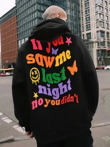 Manfinity Hypemode 鬆身男士帽衫,印有標語和卡通臉部設計,垂墜肩和帶雙拉繩帽子 - 黑色 - 查看 3