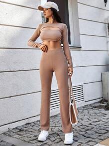 EURMUSE Solid Super Crop Top & Cami Top & Pants - Beige - View 5