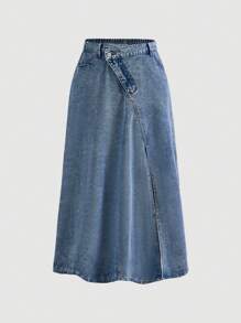SHEIN MOD Plus Asymmetrical Waist Split Thigh Denim Skirt - Medium Wash - View 1