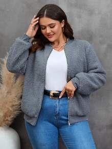 SHEIN LUNE Plus Zip Up Teddy Bomber Jacket - Grey - View 4