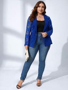 SHEIN Clasi Plus Lapel Neck Flap Detail Lace Blazer - Royal Blue - View 3