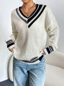 Striped Trim Drop Shoulder Sweater - Beige - View 3