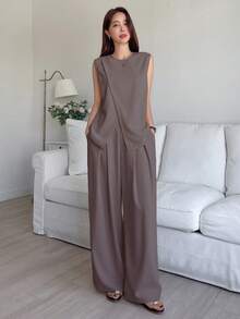 DAZY Solid Split Hem Tank Top & Wide Leg Pants - Purple - View 5