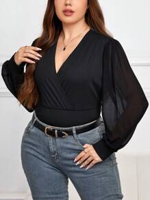 SHEIN Frenchy Plus Contrast Mesh Lantern Sleeve Overlap Collar Bodysuit - Black - View 1