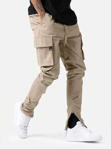 Manfinity Loose Fit Men's Cargo Pants With Flap Pockets, Side Drawstring Waist - Apricot - View 3
