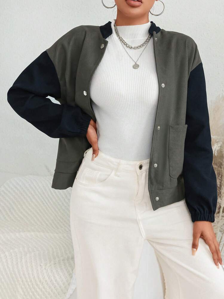 Colorblock Dual Pocket Drop Shoulder Jacket