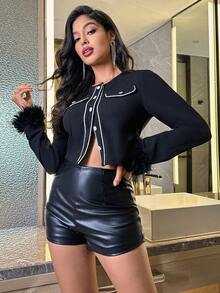 Chiquease Fuzzy Cổ tay áo Nút phía trước Áo Jacket Crop - màu đen - Xem 4