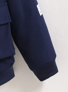 SHEIN Tween Boy Letter Graphic Flap Pocket Teddy Lined Hooded Jacket - Navy Blue - View 5