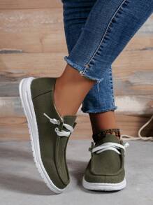 Simple & Casual Style Spring/fall Breathable Flat Canvas Shoes For Women In Olive Green With Lace-up Closure And Minimalist Design - Army Green - View 6