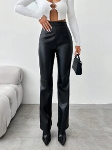 EURMUSE 下擺開叉PU皮革長褲