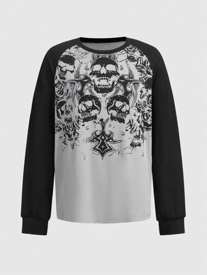 Grunge Punk Skull Print Raglan Sleeve Tee