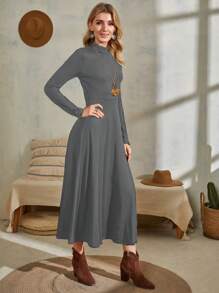 EMERY ROSE Solid Mock Neck A-line Dress - Grey - View 6