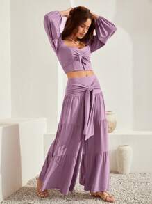 Bohemela Sweetheart Neck Lantern Sleeve Crop Top & Tie Front Ruffle Hem Skirt