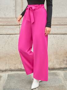 SHEIN Privé Pantalones de pierna ancha con encaje en contraste con cinturón - Rosa Fucsia - Ver 4