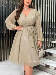 SHEIN Privé Plus Surplice Neck Lantern Sleeve Belted Glitter Dress