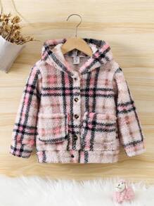 SHEIN 女小童格紋圖案雙口袋連帽毛絨夾克 - 彩色 - 查看 1