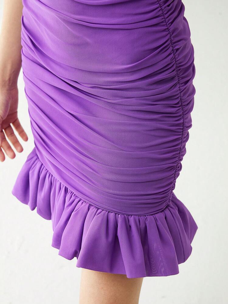 Ruched Ruffle Hem Bandage Dress