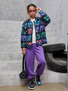 Tween Boy Letter Graphic Drop Shoulder Hooded Sweatshirt Without Tee - Black - View 6