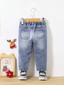 女嬰聖誕和字母圖案破洞牛仔褲 - 中等水洗藍 - 查看 2