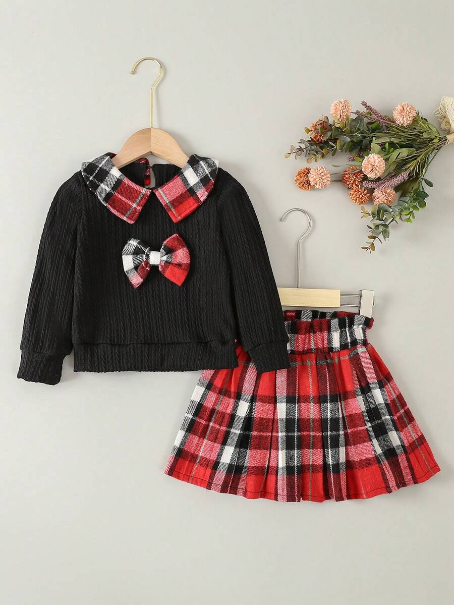 SHEIN 女小童格紋印花前蝴蝶結娃娃領運動衫&紙袋腰百褶半身裙 - 紅色 - 查看 1