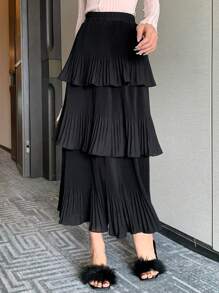 DAZY Solid Layer Ruffle Hem Pleated Skirt Fall Skirts