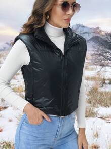 SHEIN LUNE Zip Up PU Leather Vest Padded Padded Coat Clothes Winter - Black - View 6