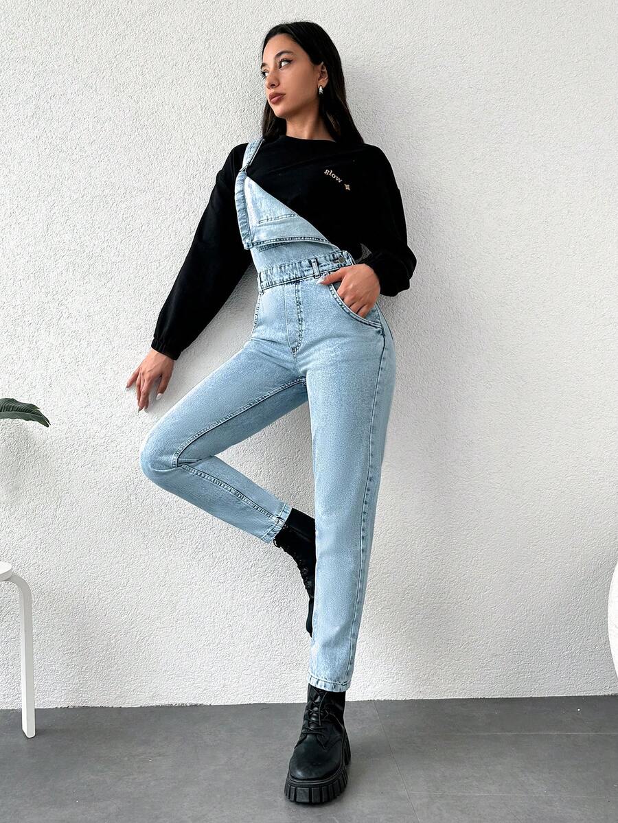Cottnline Slant Pocket Denim Overalls Without Top - Blue - View 1