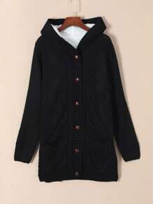 CILKOO Áo khoác cardigan dệt kim kiểu dáng thường ngày cho nữ, có túi, dáng rộng, cài nút, có mũ, tay dài, thích hợp mặc hàng ngày, màu đen trơn. - màu đen - Xem 6