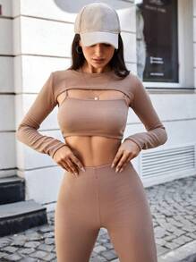 EURMUSE Solid Super Crop Top & Cami Top & Pants - Beige - View 6