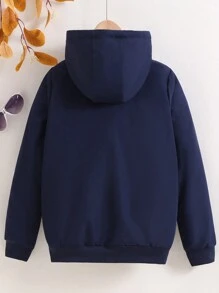 SHEIN Tween Boy Letter Graphic Flap Pocket Teddy Lined Hooded Jacket - Navy Blue - View 2