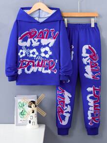 Tween Boy Letter Graphic Hoodie & Sweatpants - Blue - View 1