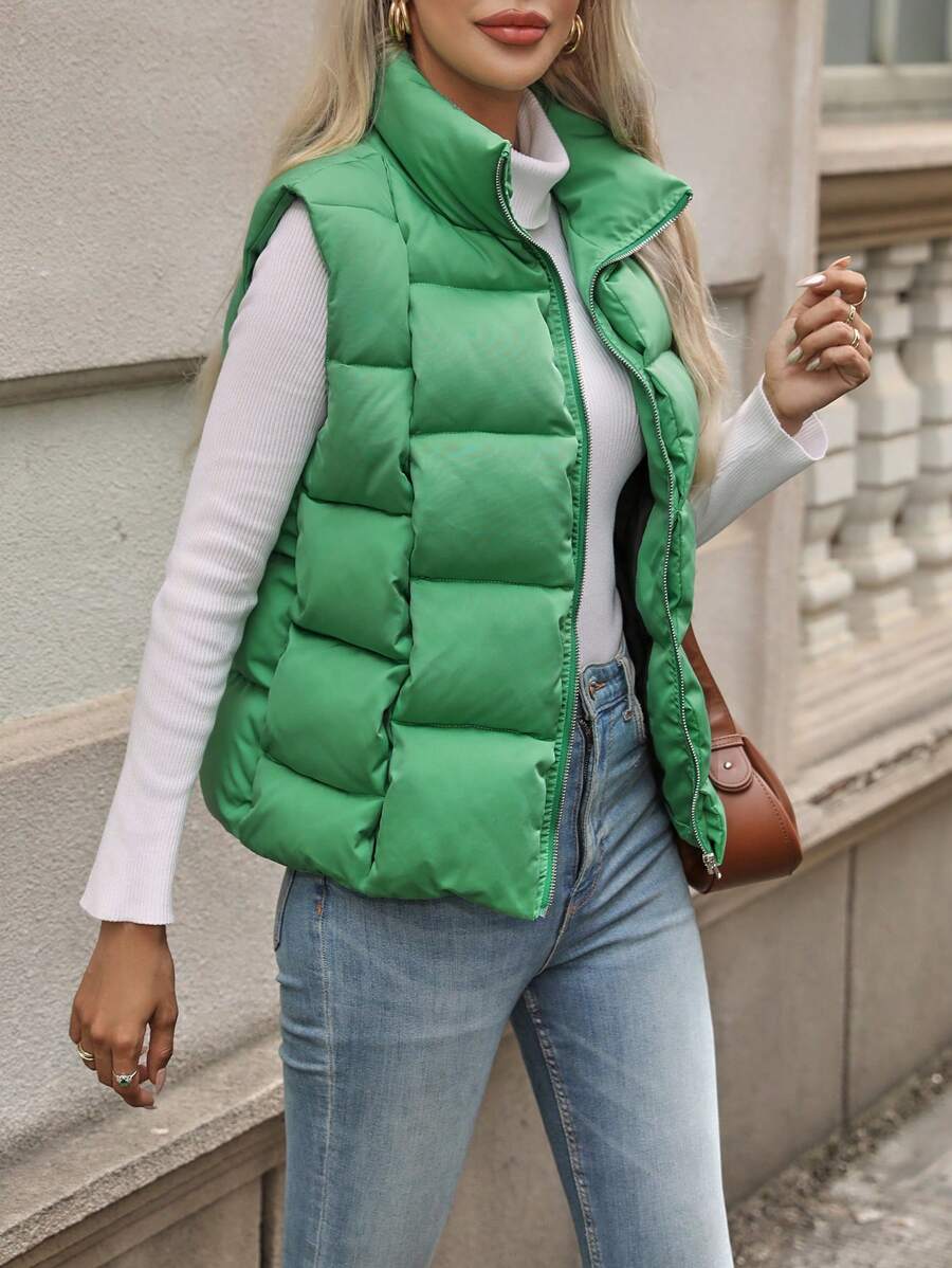 Chiquease Chất rắn Dây kéo Áo vest Puffer Gilet - màu xanh lá - Xem 1