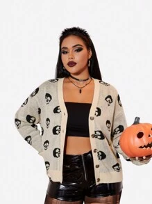 SHEIN EZwear 加骷髏圖案落肩開衫 - 杏色 - 查看 5