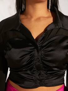 SHEIN SXY 大碼前收褶褶邊緞面襯衫 - 黑色 - 查看 4