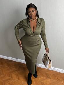Slaydiva 大碼深V翻領紐扣細節高衩緊身洋裝 - 軍綠色 - 查看 1