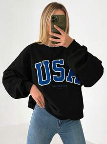 Cloudara Letter Graphic Drop Shoulder Sweatshirt - Black - View 5