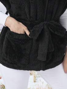 SHEIN LUNE 蝙蝠袖系带法兰绒背心棉服外套冬季 - 黑色 - 查看 4