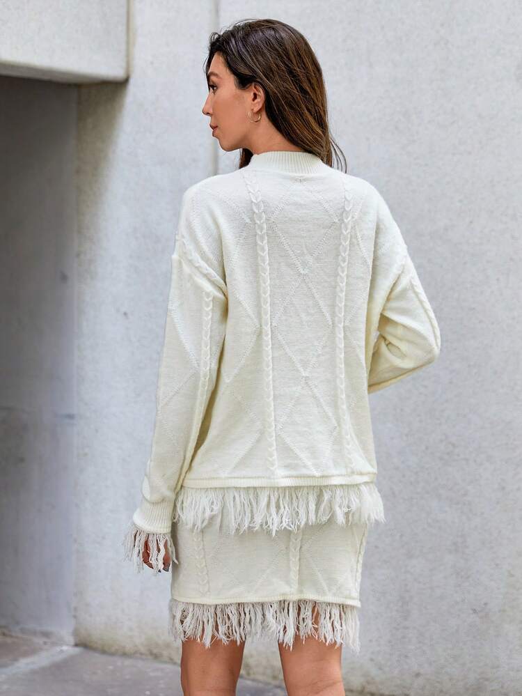 Drop Shoulder Fringe Hem Sweater & Knit Skirt