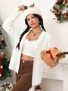 SHEIN EZwear 絨球裝飾抽繩連帽開襟衫 - 米色 - 查看 4